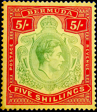 Бермудские острова 1943 год . Король Георг VI 5 s. Каталог 50,0 фунтов .